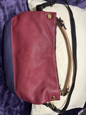 Oryany Hobo Bag Burgundy and Blue Pebbled Leather